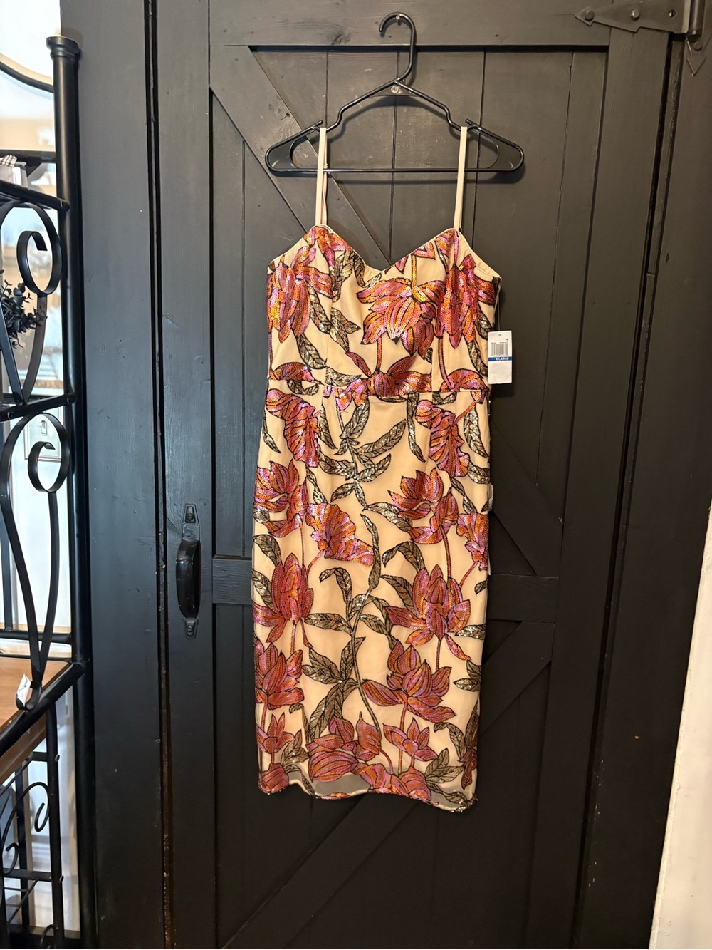 Dress the Population Cream Midi Slip Dress with Pink and Orange Floral Print
